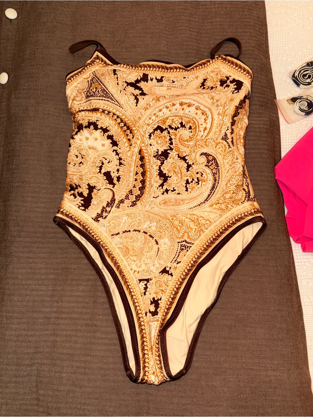 L'AGENCE Brown and Cream Paisley One-Piece Bodysuit